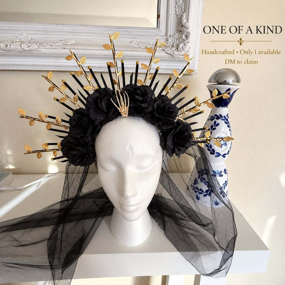 Dia de los muertos Handcrafted Catrina Halo Crown Black Roses Gold Spiked Sunbur